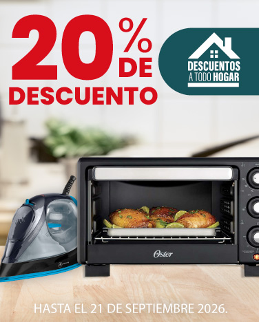 20% de descuento En electrodomesticos de cocina y planchas.