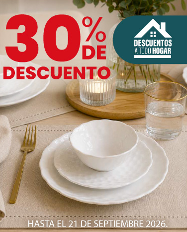 30% de descuento En toda la cristaleria y vajillas.