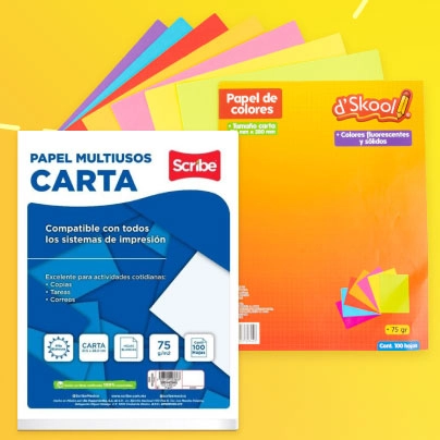 Hojas blancas, hojas de colores, cartulinas y papeles