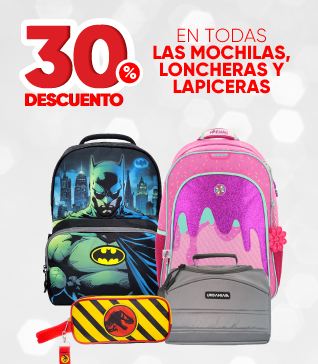 30% DE DESCUENTO EN TODAS LAS MOCHILAS, LONCHERAS Y LAPICERAS.