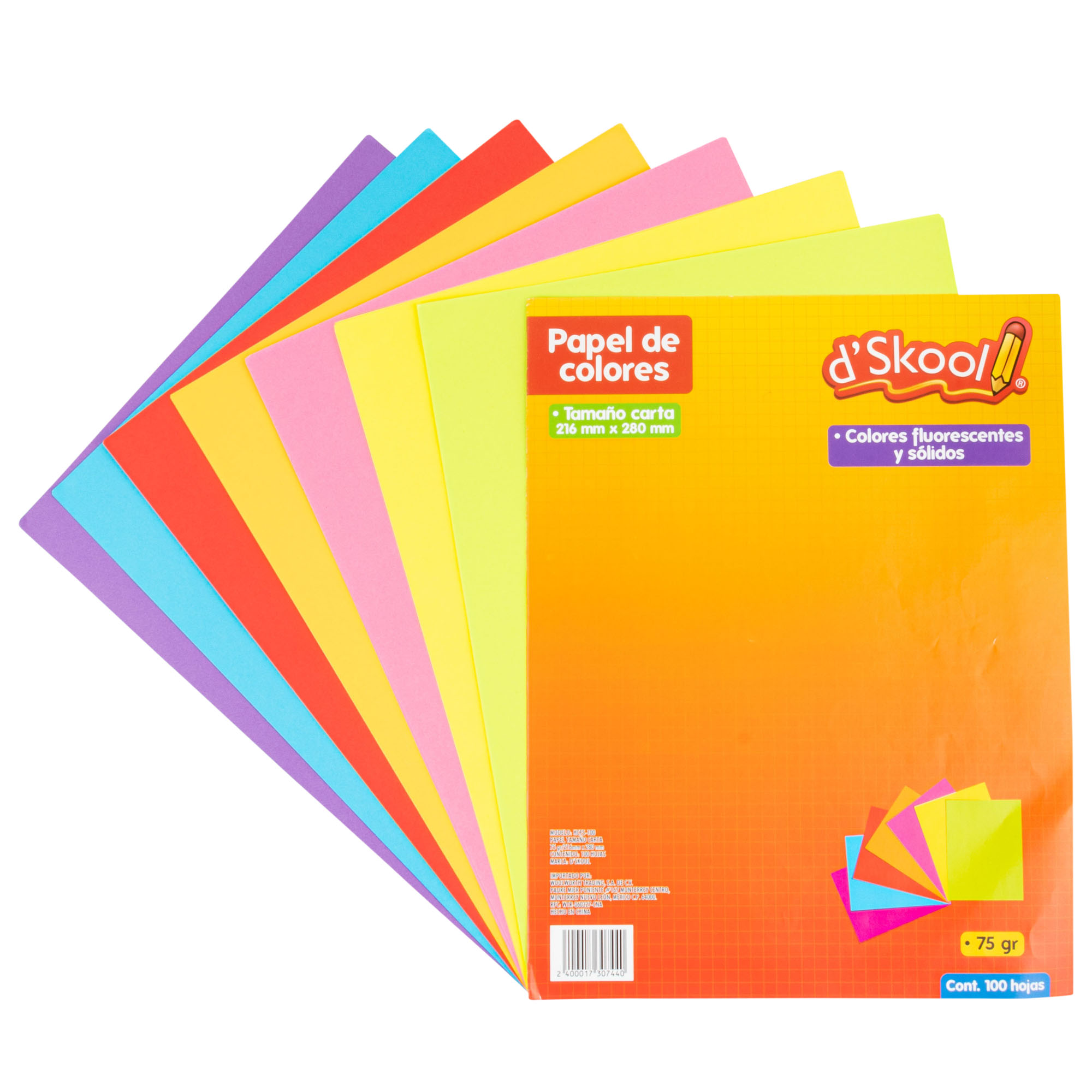 Platillo Milímetro Escarpado Hojas D'Skool Colores Fluorescentes y Sólidos Tamaño Carta 100 hojas |  DelSol