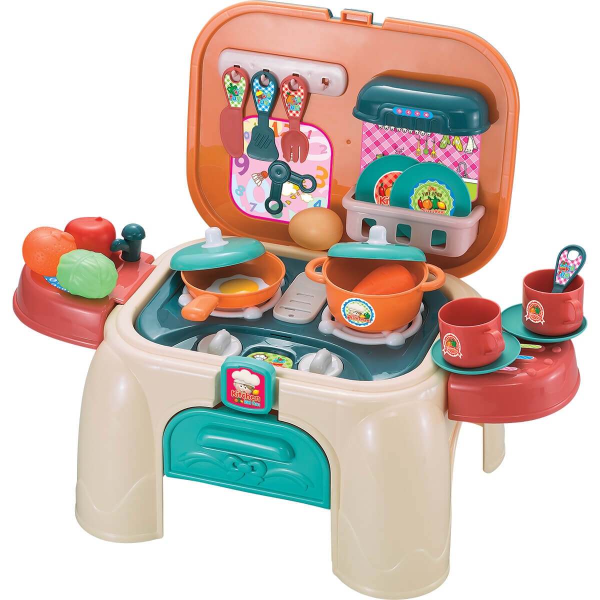 Maleta de viaje 2 en 1 para niños, es una maleta y una cocina de juguete |  Incluye ollas de juguete, sartenes, platos, utensilios y alimentos de