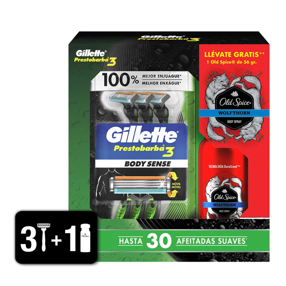 Kit 3 Rastrillos Gillette Body Sense y Desodorante Old Spice DelSol