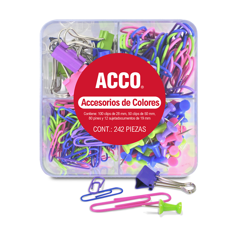 Set De Clips Set de Clips y Sujetadocumentos Acco Colores Vibrantes 242 piezas | DelSol
