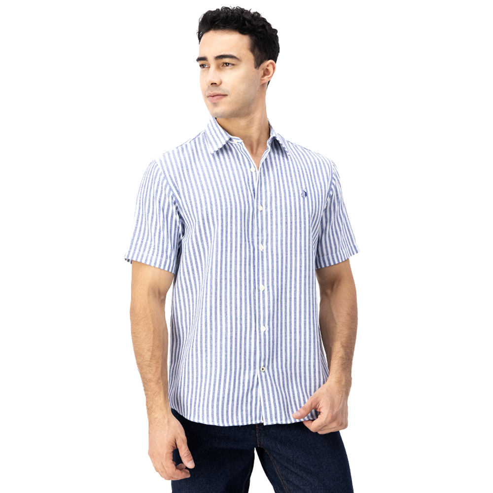 Camisa Hombre Manga Corta Corte Ancho - Rayas Finas Verticales, Casual, Botones De Presión